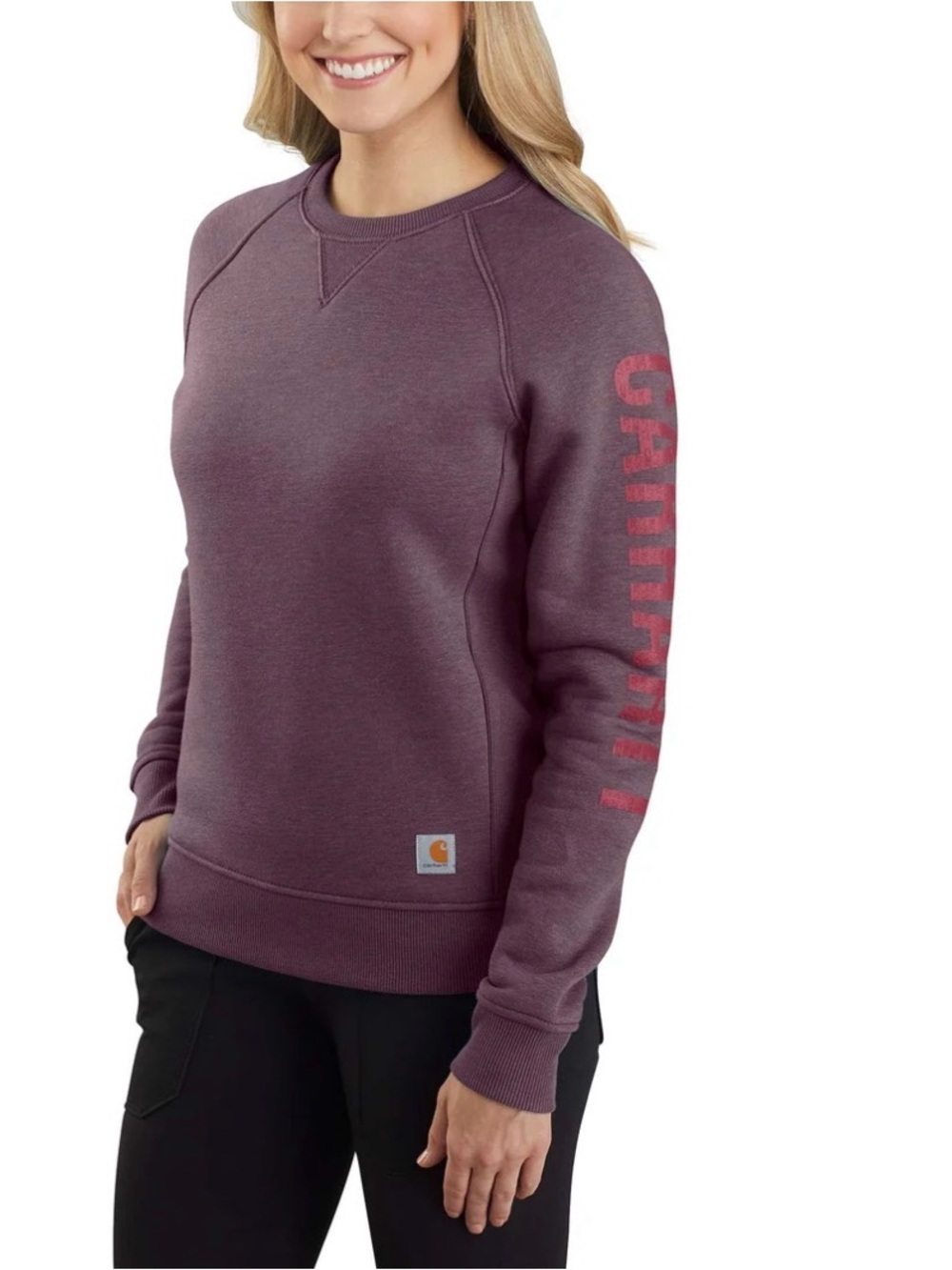 WOMEN'S RELAXED FIT MIDWEIGHT CREWNECK BLOCK LOGO SLEEVE GRAPHIC SWEATSHIRT